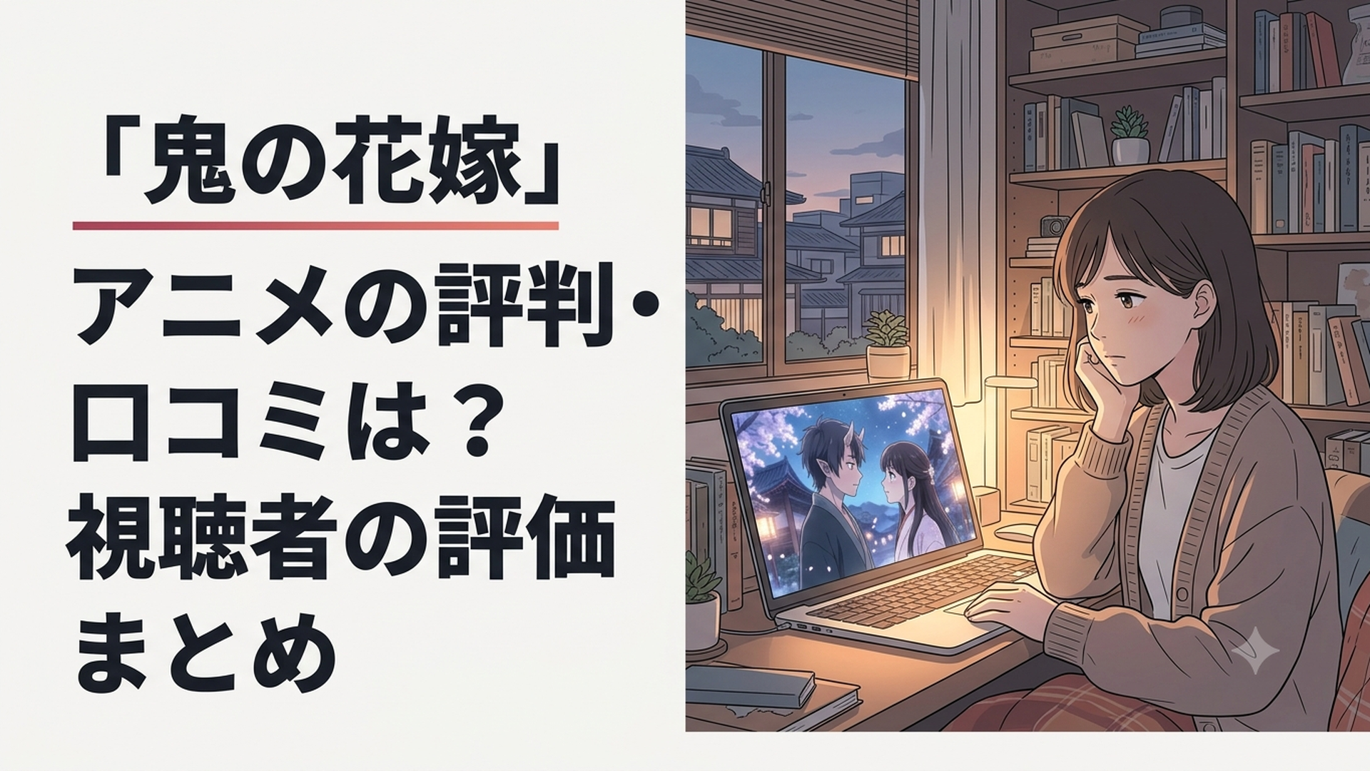 あやかしと人間が共存する和風世界で、鬼の青年が花嫁と見つめ合うシーン