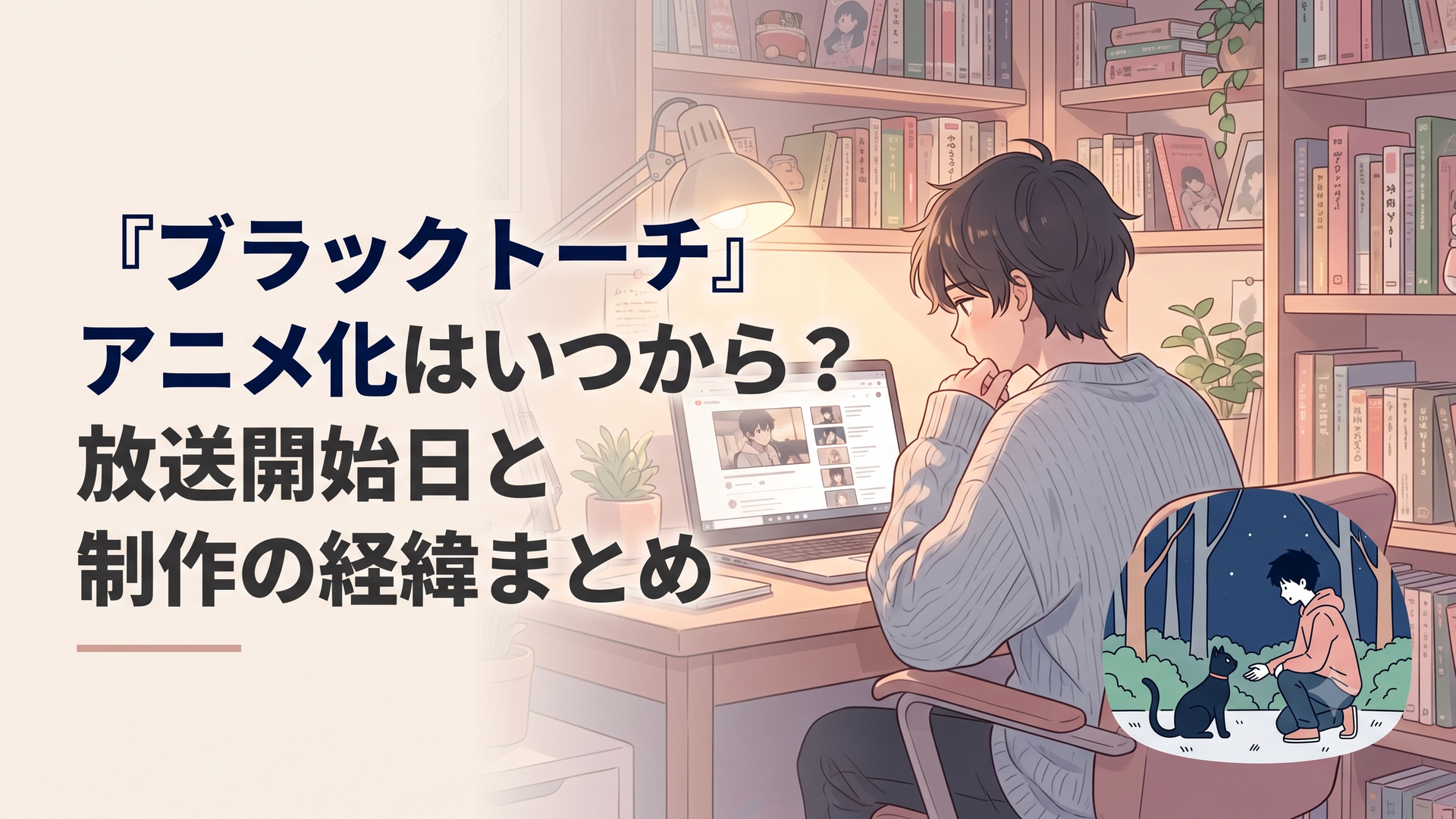 夜の森で黒猫の羅睺と出会う我妻弐郎、TVアニメ『ブラックトーチ』のイメージシーン