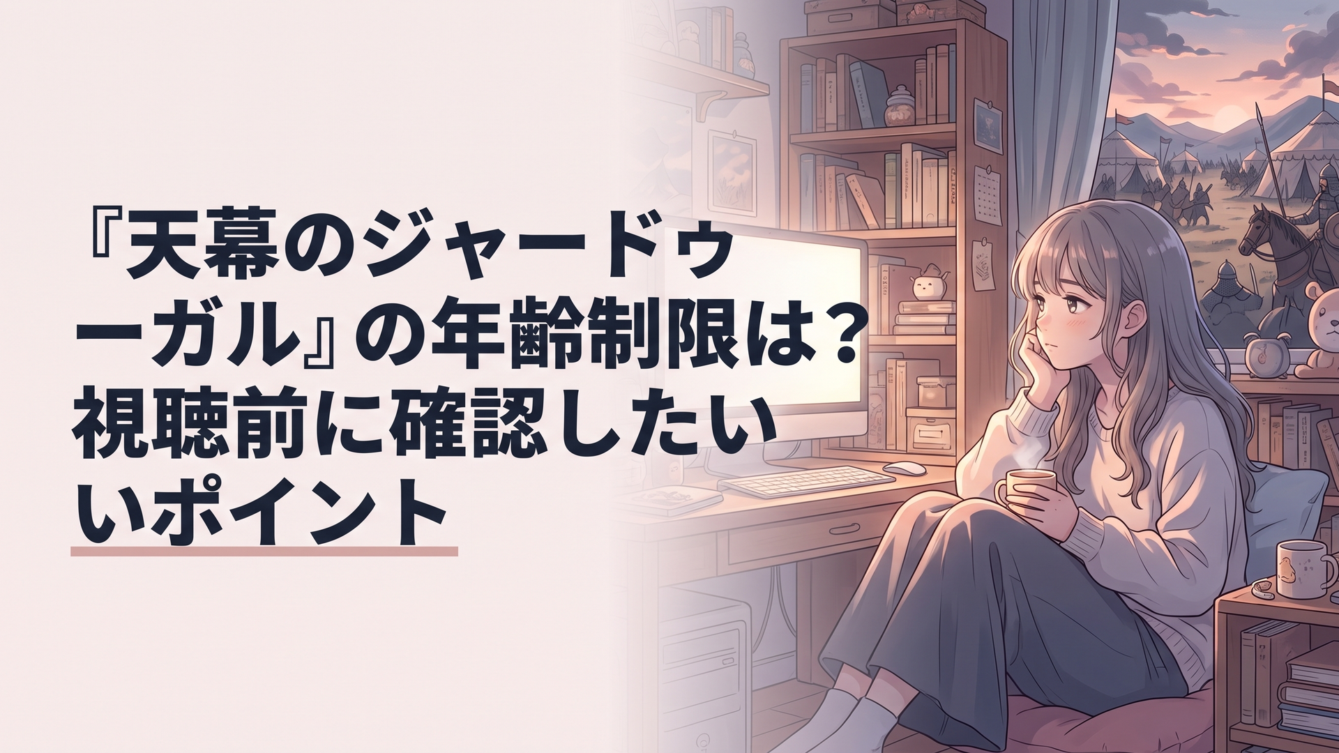 柔らかな絵柄のキャラクターと、その背後に広がる13世紀モンゴル帝国の荒々しい戦場が対比的に描かれたイメージ