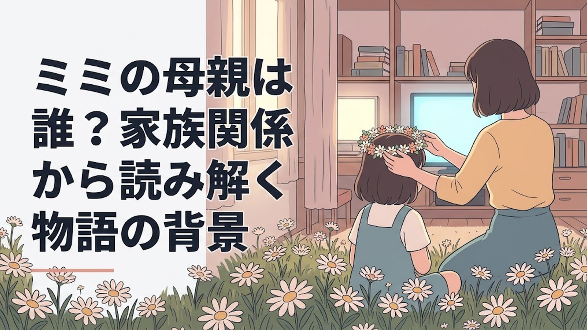 デイジー畑で花冠を渡すシーナと、無邪気に笑うミミの後ろ姿