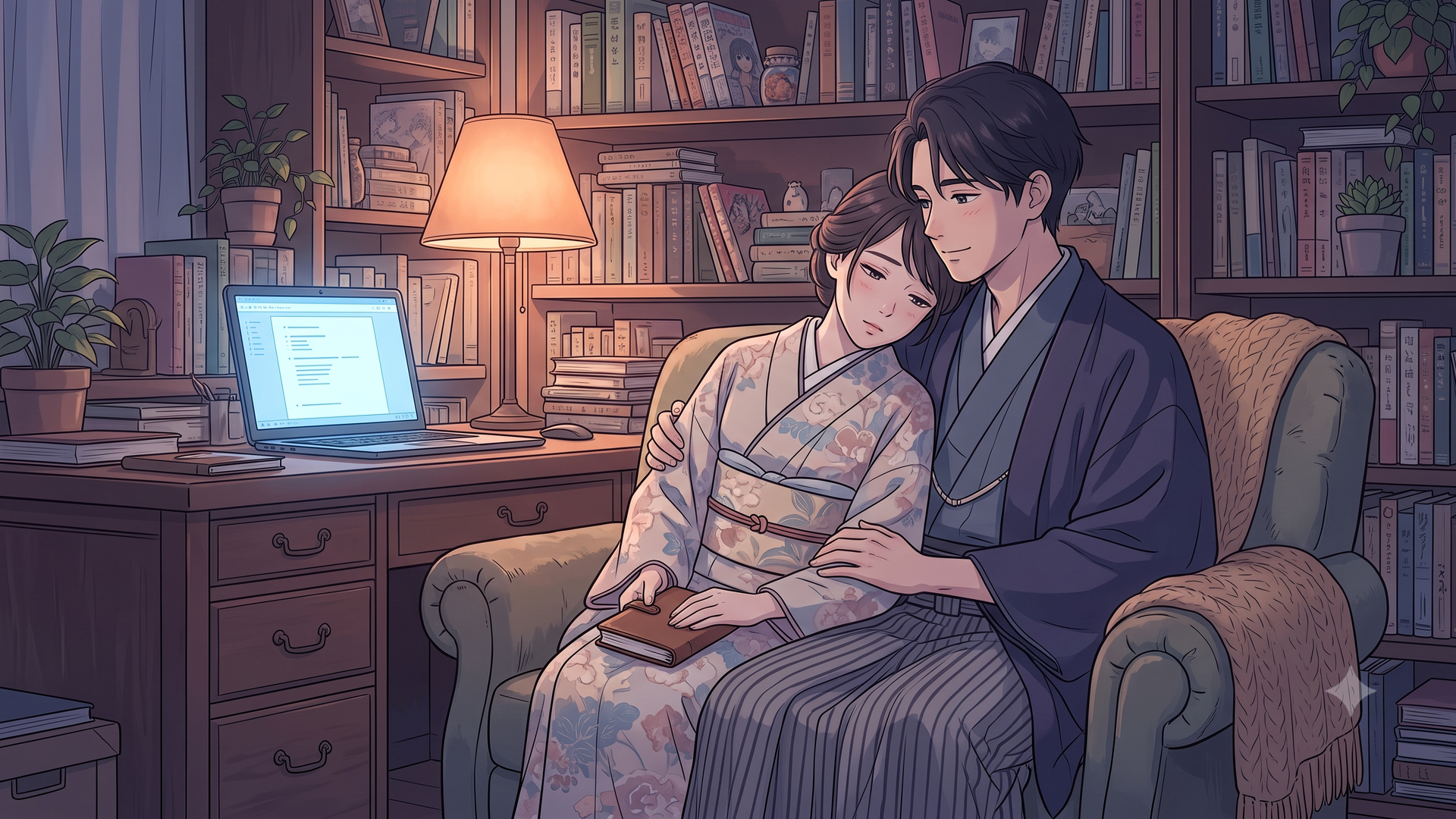 仲睦まじく寄り添う和装の夫婦